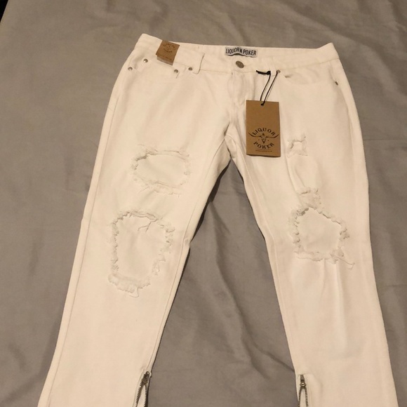 Liquor N Poker distressed white zipped capris - Picture 2 of 7